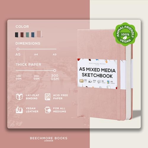 Beechmore Books A5 5.8x8.3 Mixed Media Sketchbook 300 GSM/140LBS | Heavyweight Vegan Leather Hardcover, 96 Pages Art Journal, Art Supplies for Paintings, Gouache, Watercolor & Ink - color: Rose Wood, size: A5 - 5" x 8" Medium