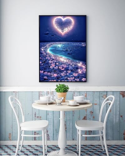 KINPLUB 5D Diamond Painting Kits for Adults, Love Heart Beach Diamond Art Kits for Adults Beginners, DIY Full Drill Paint with Round Diamond Dots, Home Wall Decor 12x16 Inch - color: Love Heart Beach