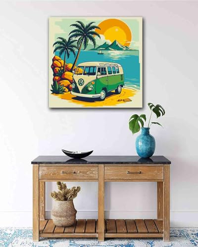 TOCARE Framed Paint by Numbers Kit for Adults Beginner & Kids Ages 8-12,Palm Tree Bus Paint by Number Framed,Simple Oil Paint by Number Kits on Canvas Framed Bus(10x10 Inch, Without Easel) - color: TC-F-103