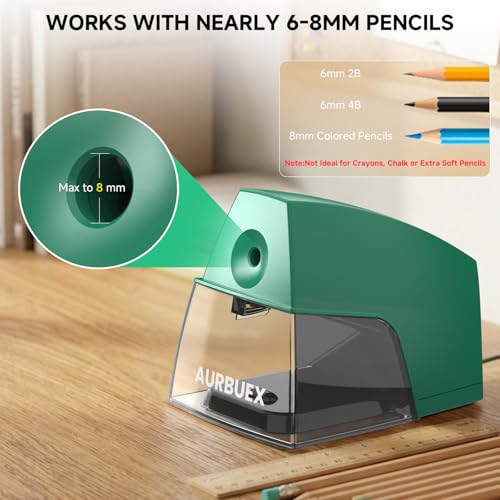 Electric Pencil Sharpener for 6 to 8 mm Pencils Helical Blade Fast 4 Second Sharpening Large Shavings Bin Non Slip Feet Safe Design for Classroom Office and Home Green(S1131) - color: Green