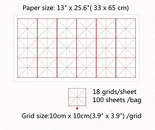 MEGREZ Grid Xuan Paper Chinese Sumi Calligraphy Writing Practice Rice Paper | 10cm grids, 100 sheets, half raw ripe xuan rice paper, good ink absorption, beginner student kanji calligraphy practice - size: 10 cm/Grid