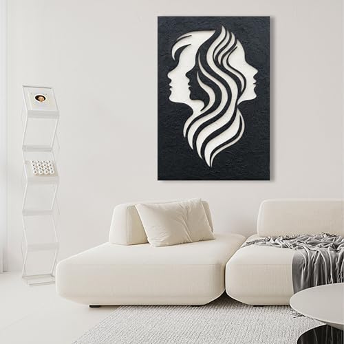 NANKAI Art Hand-Drawn 45x30 inches Black and White Silhouette Textures of Figures in Abstract Art Oil Painting. Modern-Style Abstract Wall Decoration. Three-Dimensional Minimalist Relief Paintings - color: Nkhb381