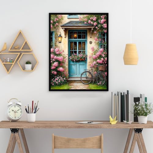GEWOUVIN The Cottage Door in Bloom Diamond Art Kits for Adults,Flowers Diamond Painting Kits for Adults Beginners,DIY Full 5D Round Drill Gem Art Kits for Gift Home Wall Decor【11.8x15.7inch】 - color: JW-109