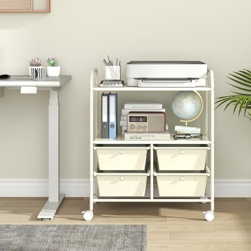 Giantex Rolling Storage Cart w/ 4 Drawers 2 Shelves Metal Rack Shelf Home Office School Beauty Salon Utility Organizer Cart with Wheels, Ivory - color: Ivory, size: 4 Drawer-25"x14.5"x29.5"