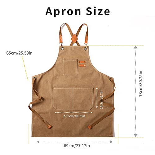 Tosewever Canvas Cross Back Chef Cotton Aprons for Men Women with Large Pockets - color: Cappuccino Brown