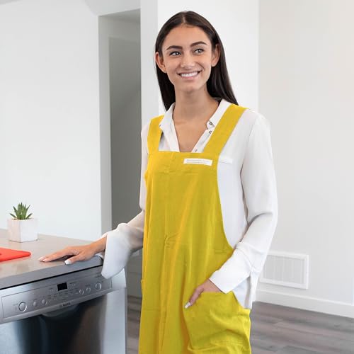 Cotton Aprons for Women and Men | Cross-Back Apron with Pockets - color: Chartreuse