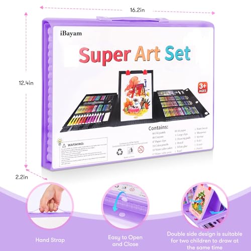 iBayam 251-Pc Art Kit – Easel, Sketchbook, Scratch Paper, Crayons & Pencils | Double Sided Trifold Easel, Oil Pastels, Crayons, Colored Pencils, Watercolor Pens Gift for Girls Boys Artist Beginner - color: Purple
