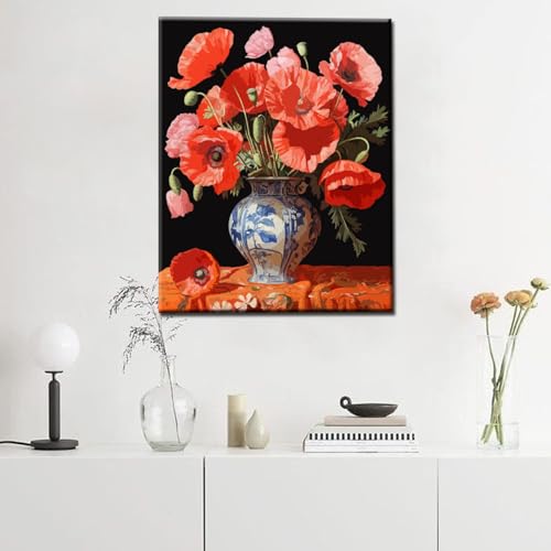 Tucocoo Red Poppys DIY Paint by Numbers for Adults Red Flowers in Vase DIY Oil Painting Kits Canvas with Acrylic Paint Floral Plant Art 16x20 Inch (DIY Frame ) - color: Red Flower in Vase 07, size: 16''x20''(DIY Frame)