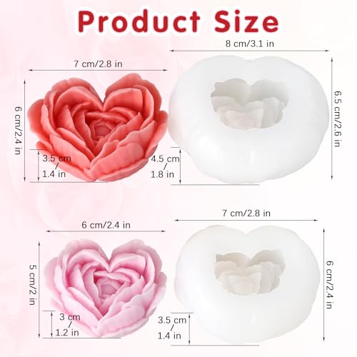 2 Pcs Rose Candle Molds, 3D Heart Rose Flower Silicone Molds, Valentine’s Day Heart Resin Casting Mold for DIY Soap Candle Wax Melt - color: Heart Rose
