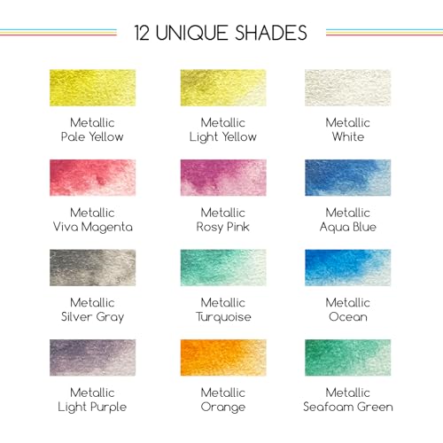 MEEDEN Metallic Watercolor Paint Set : 12 Colors Travel Watercolor Set with Brush in Half Pans - Portable Watercolor Paints for Adults & Artist - color: Metallic Colors
