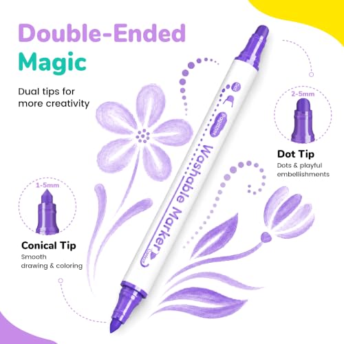 Pagather Washable Markers, 24 Colors Dual Tip Dot & Conical Pens for Kids | Art Marker Set for Toddlers Kids Ages 4-8, Perfect for School Art Supplies, Drawing, Coloring, Crafts and Creative Projects