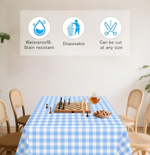 HEIPINIUYE 2 Pack Blue Gingham Tablecloth Disposable 54 x 108 Inch Blue and White Plaid Plastic Table Cloth Disposable Rectangle Table Cover for Party Birthday Picnic Checkered Tablecloths - color: Blue Gingham Tablecloth, size: 2 Pack