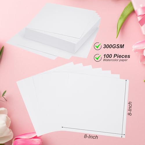 PATIKIL 100 Pcs Pure Cotton Watercolor Paper 140lb/300 GSM Water Coloring Paint Paper for Art Painting Watercolor Drawing Artist, 8x8 Inch - size: 8x8 Inch