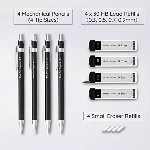 MozArt Mechanical Pencil Set with Case - 4 Sizes: 0.3, 0.5, 0.7 & 0.9mm with 30 HB Lead Refills Each & 4 Eraser Refills -Sketch, Drafting, Art, Drawing Supplies (Black) - color: Black