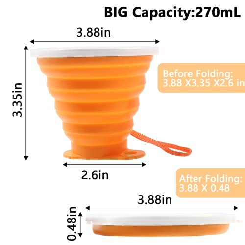 Litoexpe 2 Pack Silica gel Collapsible Travel Cup 270ml, Pink & Orange | with Lids, Portable Folding Camping Cup, for Camping and Travel - color: Pink & Orange