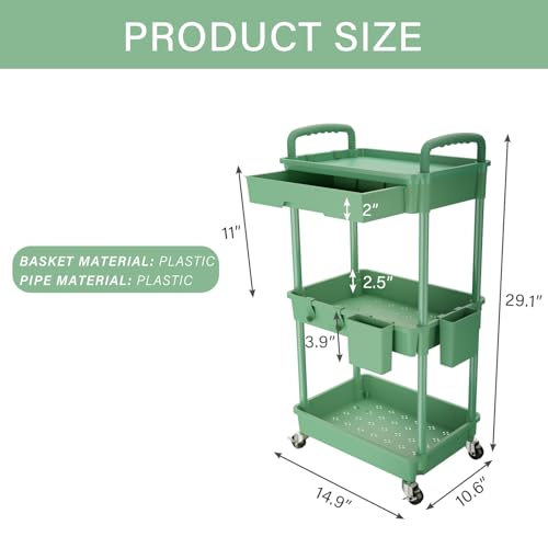 REBECAT 3 Tier Rolling Utility Cart with Drawer,Rolling Storage Cart,Storage Cart for Kitchen,Bathroom,Living Room, Organizer with Iron Wheels(Green) - color: Green