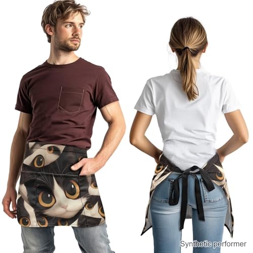 Waist Apron with 3 Pockets Waterproof 13 Inch Short Half Waist Aprons Women Men Server Aprons Waitress Waiter Apron - color: Big Eyed Cat