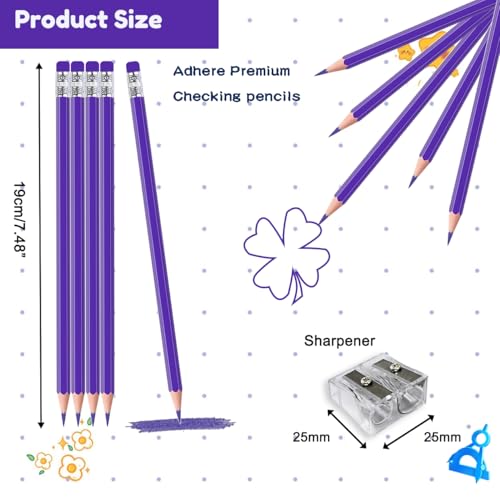 Adhere 25pcs Checking Pencils Erasable colored Pencils Pre-Sharpened #2 HB,for Checking Tests Grading,Map Coloring, editing Office Favors,including a Free sharpener. (Purple) - color: Purple