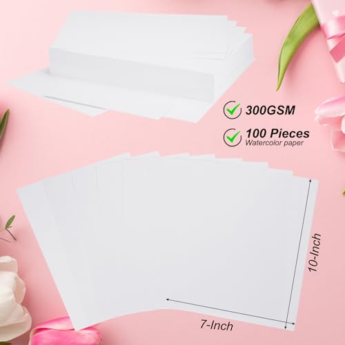 PATIKIL 100 Pcs Pure Cotton Watercolor Paper 140lb/300 GSM Water Coloring Paint Paper for Art Painting Watercolor Drawing Artist, 10x7 Inch - size: 10x7 Inch