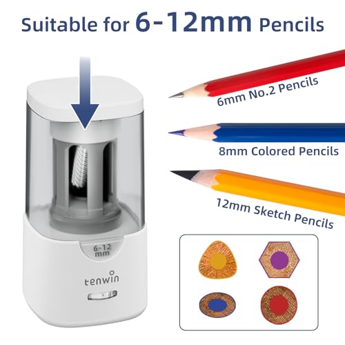 tenwin Electric Pencil Sharpener - Auto Stop, for 6-12mm Colored Pencils | Auto Stop, Sharp & Fast, for Wooden/No.2/Colored Pencils, Plug in, Helical Blade, Ideal for Home & Classroom - color: White