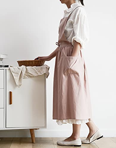 VLZUFE Women Cotton Linen Cross Back Apron with Pockets for Gardening Works Pinafore Dress - color: Pink
