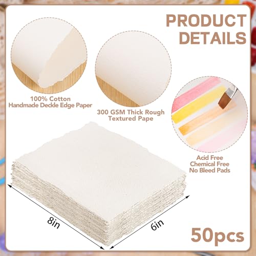 50 Sheets Watercolor Paper 6 x 8 Inch, 300 GSM Cotton Deckle Edge - size: 6 x 8inch