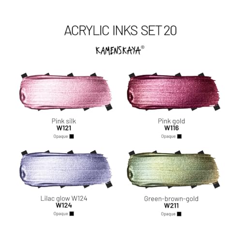 Kamenskaya Acrylic Ink Set – Iridescent Blooms – 4 x 1 Fl Oz Bottles - color: Green-brown-gold, Pink Gold, Pink Silk, Lilac Glow, style: Metallic