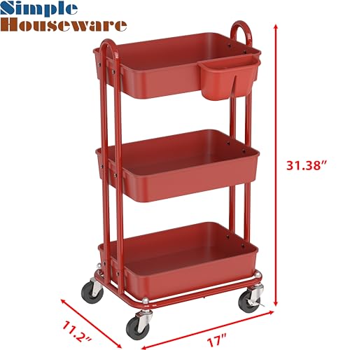 Simple Houseware 3-Tier Rolling Utility Cart with Hanging Bucket, Red - color: Red, size: 3-Tier