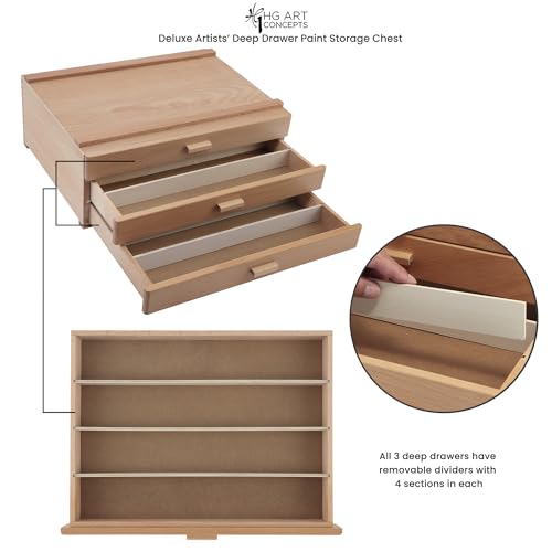 HG Art Concepts Artists Storage Chests, Stackable, 3 Drawer Deep, 1-Pack | Removable Dividers, Natural Birch & Sturdy Wood Construction. Studio Organizer for Paint Tubes, Brushes, Pencils & Markers