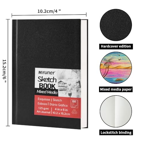 4x6" Mixed Media Sketchbook for Drawing,Hardcover Mix Media Art Sketchbook | 125GSM,100Sheets/200Pages, Hardcover Art Sketchbook for Dry Media,Painting,Drawing,Junk Journal Supplies - color: 6x4in-Black