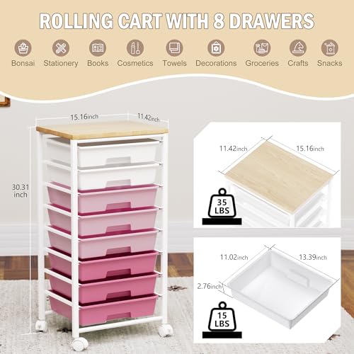 Rolling Cart with 8 Drawers, Storage Drawers Cart with Wooden Tabletop and Lockable Wheels, Craft Storage for Living Room, Office, Classroom, Craft Room, Bedroom - color: Pink