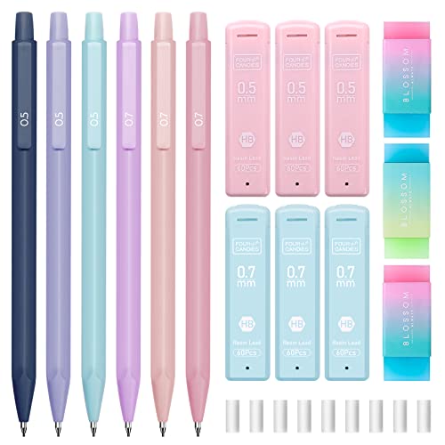 Four Candies Cute Mechanical Pencil Set, 6-Pack 0.5/0.7mm | 360 Lead Refills, 3 Erasers, 9 Eraser Refills, Storage Case, Back to School Supplies for Girls, Pastel Aesthetic Stationery - style: 0.5mm + 0.7mm