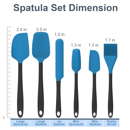 Silicone Spatula Set, 6 Pieces Food Grade Kitchen Utensils with Silicone Brush Heat Resistant Dishwasher Safe BPA-free Rubber Spatula for Scraping, Baking, Cooking, Mixing (Blue) - color: Blue
