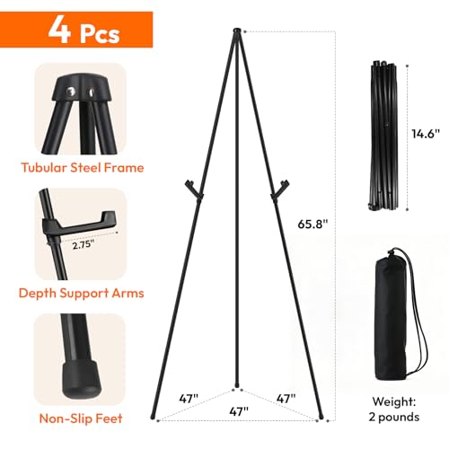 JEAWIWI 4 Pcs Lifhtweight Easel Stand, 66 Inch, Black, with Portable Bags | Adjustable Folding Metal Easel for Wedding Sign Stand, Display Show, Arts, Poster, with Portable Bags - color: Black, size: 4 PCS