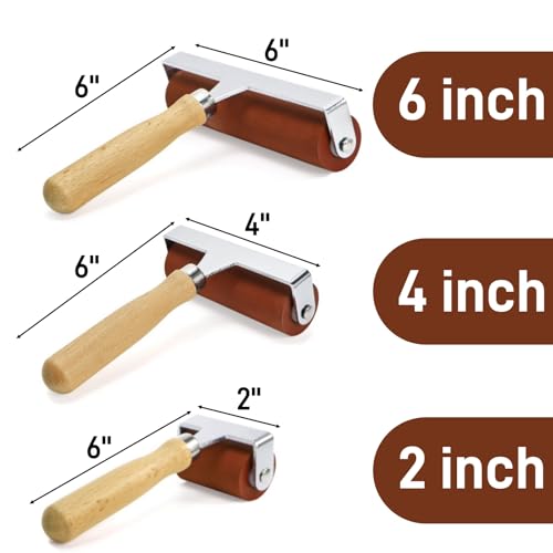 Pumtus 3 Sizes Rubber Brayer Roller, 6,4,2 Inch Soft Printmaking Brayer Tool with Wood Handle, Vinyl Paint Roller for Crafting, Art Paint Brush for Stamping, Wallpapers, Tape, Ink, Gluing, Scrapbook
