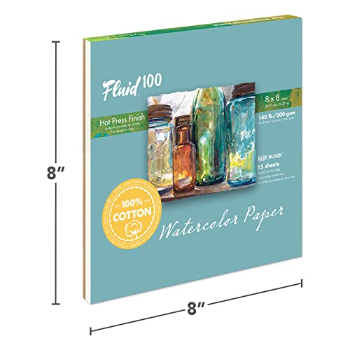 Fluid 100 Watercolor Paper Block, 8 x 8 inches, 15 Sheets, 140 lb (300 GSM) 100% Cotton Hot Press Pad for Artist Painting and Wet Media - size: 8 x 8