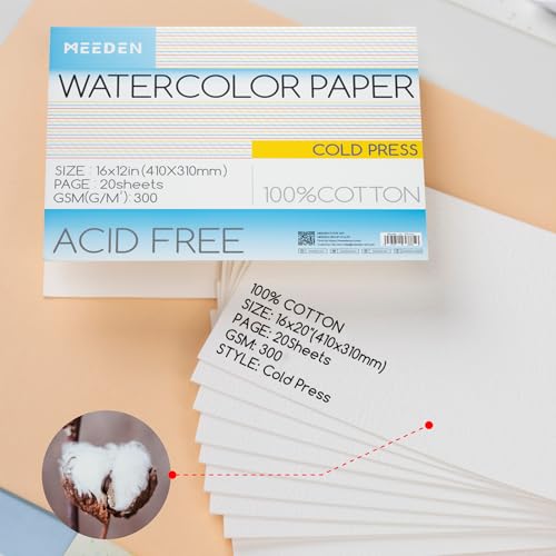 MEEDEN Cotton Watercolor Paper Block: 16" x 12" Cold Pressed of 20 Sheets | 140lb/300gsm 100% Cotton Watercolor Paper Pad, Acid-free Art Paper for Painting, Drawing, Watercolor, Gouache, Ink and More - color: Cold Press, size: 16×12"