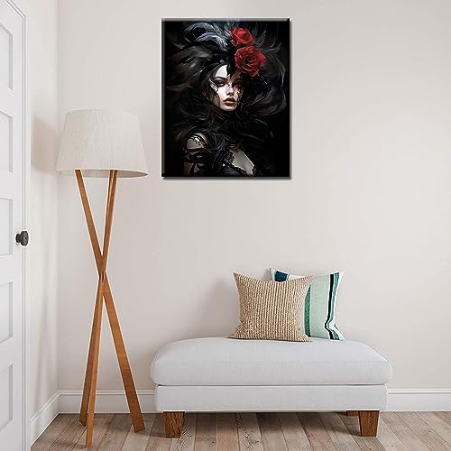 Mysterious Noble Woman Paint by Numbers Black Feathers And Red Roses DIY Painting by Number for Adults and Beginner with Brushes and Acrylic Pigment Dark Style for Home Decor Without Frame 16x20inch - color: Artwork-02, size: 16''x20''(Frameless)
