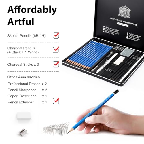 Sketch Pencils for Kids and Adults Drawing, 26-Piece Profession Sketching Pencils, Drawing Pencil for Artists Beginner Sketching, Art Graphite Pencil 6B to 4H