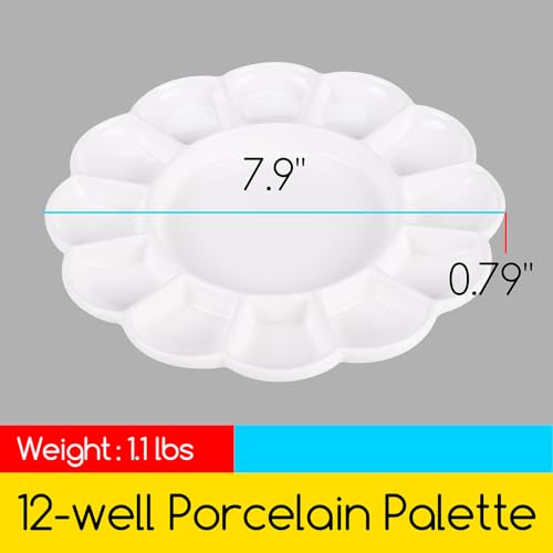 MEEDEN 12-Well Ceramic Paint Palette, Porcelain Tray, Artist Watercolor Mixing Palette, Round, 7.9'x 7.9'x 0.79' (Pack of 3) - size: 12 Wells (Pack of 3)