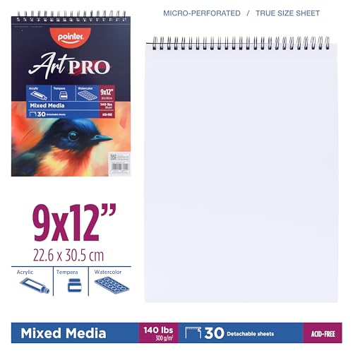 Pointer Art PRO Mixed Media Sketchbook 9x12 – Acid‑Free Paper, 30‑Sheet Spiral‑Bound Pad with Detachable Pages for Watercolor, Acrylic, Ink & Drawing - size: 9"x12"