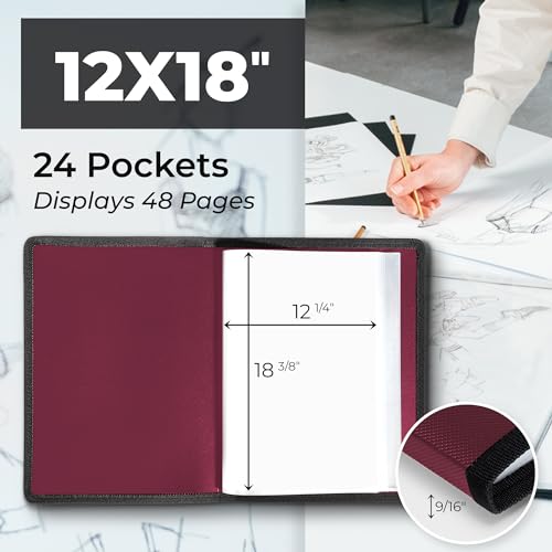Dunwell 12x18 Art Portfolio Binder, 24-Sleeve, Black Mounting Paper, Ruby | 24 Clear Sleeves, Displays 48 Pages, Black Mounting Paper Included, Artwork Storage, Acid-Free Poly Protection - color: Ruby, size: 12x18" w/ BLK Paper