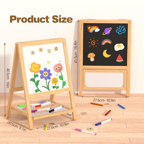 Kids Easel Wooden Art Easel for Kids, Tabletop Magnetic Drawing Board with Dual Chalkboard & Whiteboard, Foldable No-Assembly Design, Art Set with 54 Magnetic Letters & Numbers and Dustless Chalk