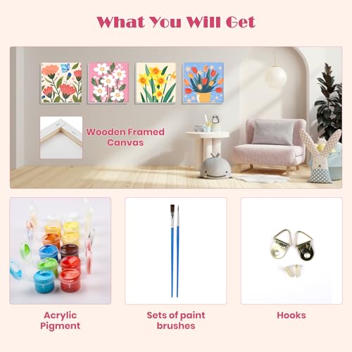 MISCER 4 Pack Flowers Paint by Numbers for Adults Beginner, Paint by Number Kits for Kids, DIY Acrylic Oil Painting Suitable for Home Decoration (8x8inch) - color: MK018