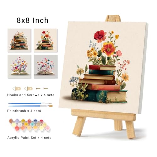 Banket 4 Pack Framed Paint By Numbers Kit for Adults Beginner Book Adult Paint By Number Kits on Canvas Flowers Painting By Numbers for Adults with Frame DIY Painting Kits for Home Wall Art 8x8 Inch - color: NZT0508, size: 8x8 Inch