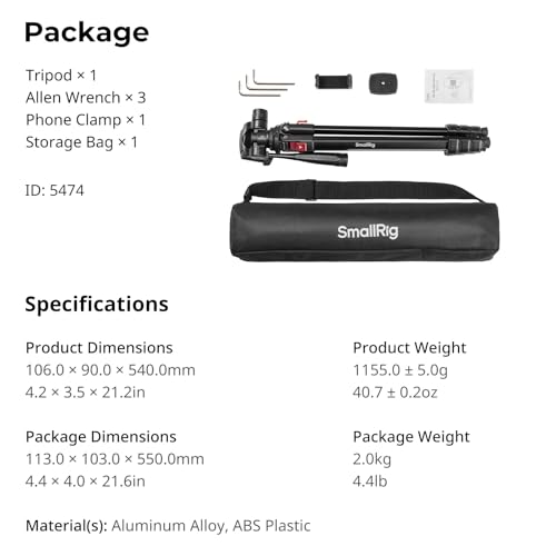 SmallRig Aluminum Camera Tripod Stand AP-30, 67.7" Travel Tripod with Phone Clip & Carry Bag, Portable Tripods with Quick-Flip Lock Legs, for Live Streaming and Vlogging, Max Load 11lb - style: AP-30