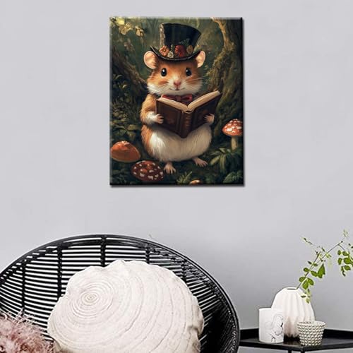 Animals Reading Book DIY Paint by Numbers for Adults and Kids Hamster in The Forest Paint by Number Kit on Canvas for Beginners Home Wall Decor Living Room Bedroom Gifts 16"x20" (Frameless) - color: Hat Animal-08, size: 16''x20''(Frameless)
