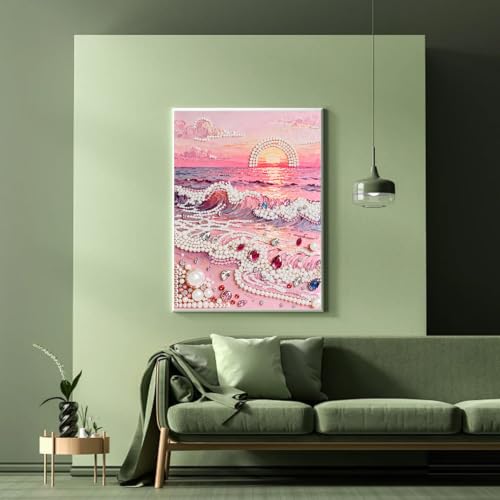 BSNRCH Beach Sunrise Diamond Art Pearl Painting Kit, DIY Pearl Art Painting, Beach Pearl Diamond Painting Kits, Handmade Gem Dot Picture Craft for Home Wall Decor 12x16 inch Wave - color: Beach Sunrise