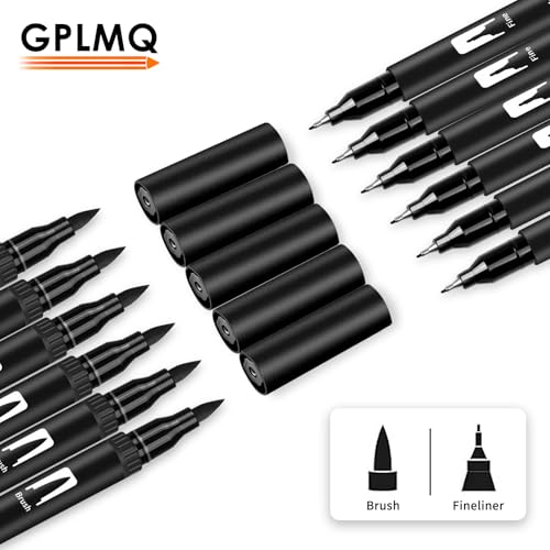 Black Drawing Pens, 12 Pack Felt Tip Markers for Adults and Kids, Dual Tip Brush Fineliners Pens for Art Drawing Sketching - color: Black