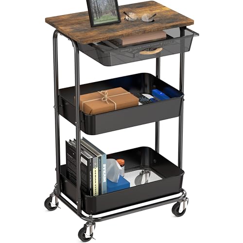 Simple Houseware 3-Tier Utility Cart with Drawer & Wood Top, Rustic Brown - color: Rustic Brown